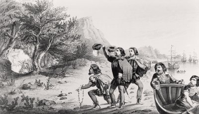 Amerigo Vespucci登陆新世界，来自“生命和航行的Americus Vespuccius”，由康涅狄格州纽黑文的霍勒斯曼斯菲尔德出版，1853年 作者 美国学校