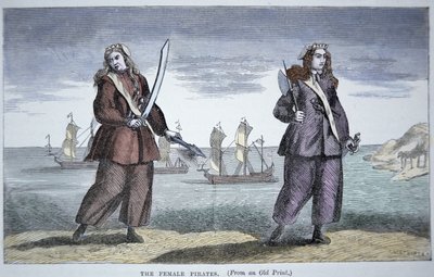 Anne Bonny (b.1697) 和 Mary Read（彩色雕刻） 作者 美国学校