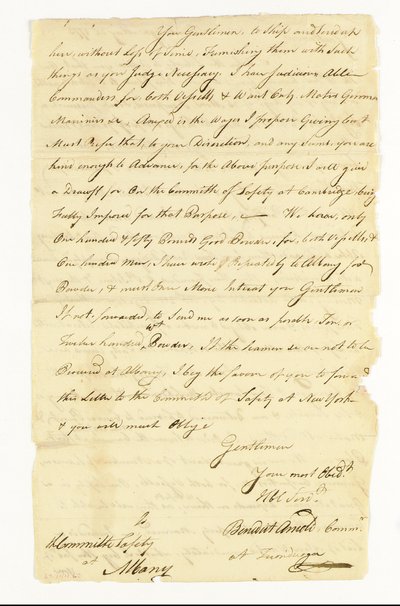 阿诺德·本尼迪克特 (1741-1801) 大陆军将军、叛徒。 1775 年 5 月 22 日，签署给提康德罗加奥尔巴尼安全委员会的亲笔签名信（“提康德罗加的本尼迪克特·阿诺德将军”）（纸笔和墨水） 作者 美国学校