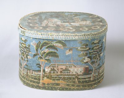 带有块打印纸的带状盒，显示城堡的视图，c.1835（纸板和纸） 作者 美国学校