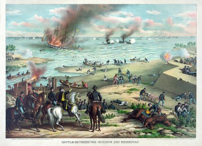 1862年3月9日，在弗吉尼亚州诺福克附近的汉普顿路，酒吧与梅里马克之间的战斗。 Kurz＆Allison，c.1889 作者 美国学校