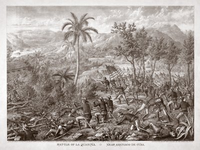 古巴圣地亚哥附近的 La Quasina 战役，1898 年出版（版画）。1898 年（雕刻） 作者 美国学校