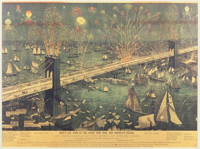1883年开幕之夜的纽约和布鲁克林大桥的鸟瞰图和烟花表演 作者 美国学校