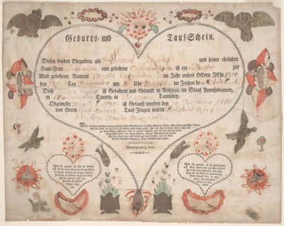 Maria Catharina Raup c.1806 的出生和洗礼证书（Geburts und Taufschein）（纸上水彩笔和墨水） 作者 美国学校