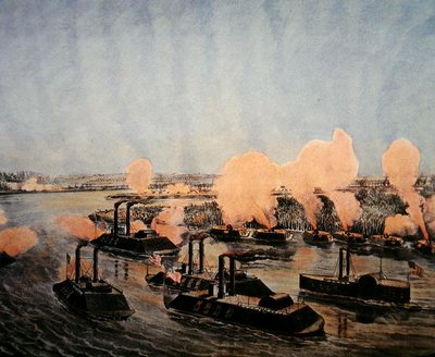 1862年4月7日对密西西比河上的 "十号岛 "的轰炸和夺取，由Currier & Ives出版（彩色平印）。 作者 美国学校