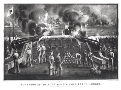 从1861年4月12日和13日，酒吧，莫尔特里堡查尔斯顿港的萨姆特堡轰炸。由Currier和Ives 作者 美国学校