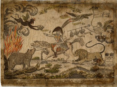波拿巴陷入困境，1815年（手工彩色雕刻） 作者 美国学校