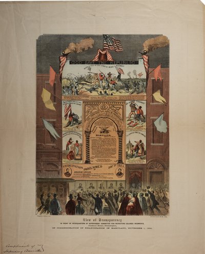 关于招募非裔美国人并在马里兰州，Ringwalt＆Brown（fl.1863-1865），1864年11月1日庆祝解放的宽边（另见GLC 696015,696016和696017） 作者 American School