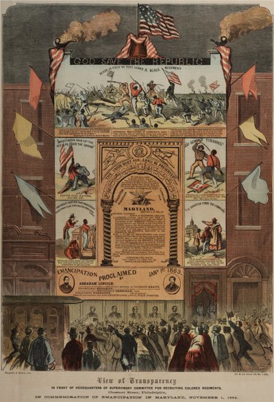 关于招募非洲裔美国人并在马里兰州，Ringwalt＆Brown（fl.1863-1865），1864年11月1日庆祝解放的宽边（另见GLC 696014,696016和696017） 作者 美国学校