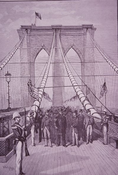 布鲁克林大桥，亚瑟总统在其开幕式上，1883年5月24日（雕刻）。 作者 美国学校