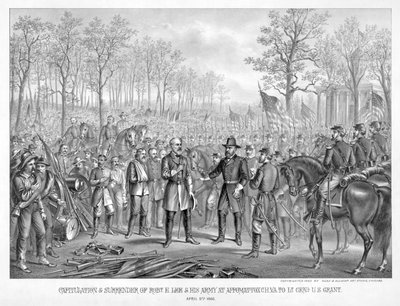 Robt. E. Lee和他的军队在弗吉尼亚州阿波马托克斯镇向U.S. Grant中将投降，1865年4月9日，出版。1885年（雕刻）。 作者 American School