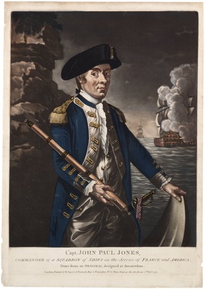 约翰·保罗·琼斯上尉，1780年法国和美国服役舰队中队指挥官（手工色的mezzotint） 作者 美国学校