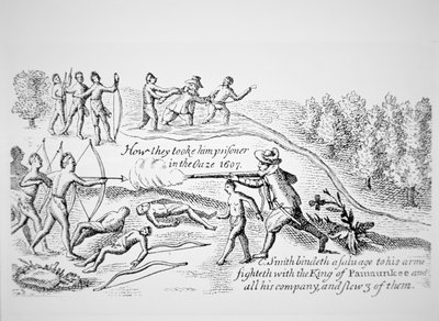 约翰-史密斯船长被印第安人俘虏，摘自史密斯的《弗吉尼亚、新英格兰和夏季群岛通史》。 作者 美国学校