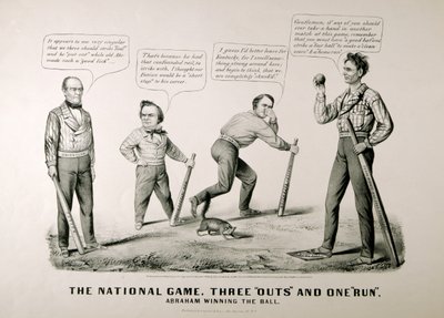 卡通展示亚伯拉罕·林肯（1809-65）在1860年总统大选中赢得对手道格拉斯，贝尔和布雷肯里奇的球 作者 美国学校