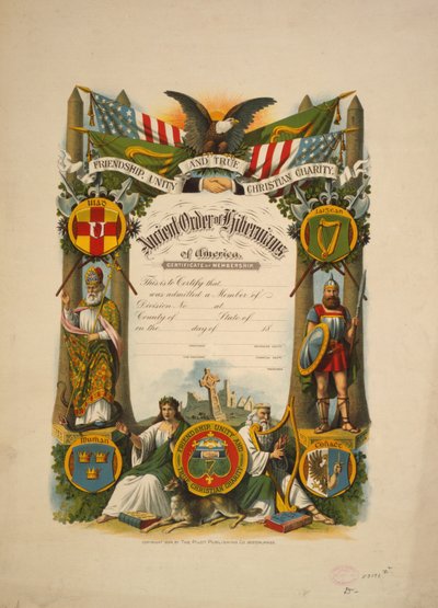Certificate of membership in Ancient Order of Hibernians of America, c.1894 (colour lithograph) 作者 美国学校