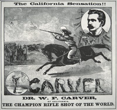 世界步枪射击冠军 "海报，主角是Doc Carver（1840-1927），约1885年（雕刻）。 作者 美国学校