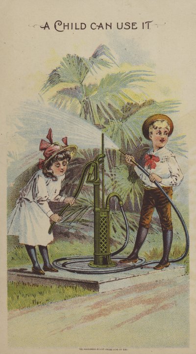 孩子们在玩水泵（chromolitho）。 作者 美国学校