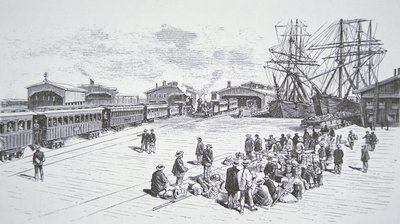 19世纪60年代，中国移民或 "苦力 "抵达旧金山，在横贯大陆的铁路上工作（平版印刷）。 作者 美国学校