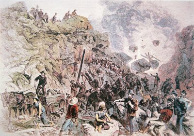 帮助建造中太平洋铁路的中国工人，完成于 1869 年（彩色石版画） 作者 美国学校
