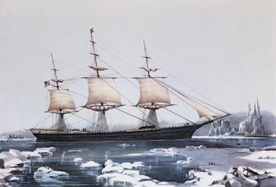 Clipper船红夹克在Cape Horn的冰上她从澳大利亚到利物浦的通道，由Currier和Ives出版，1854年 作者 American School