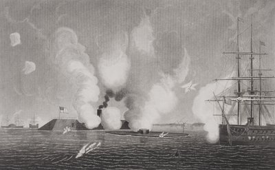 1862年3月9日在弗吉尼亚州汉普顿路的联邦军队弗吉尼亚（左）和联盟USS监视器（中）之间作战（详见254609） 作者 美国学校