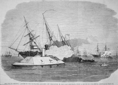 1863年4月4日，南方的铁甲舰在查尔斯顿附近攻击联邦的封锁船队（石印）。 作者 美国学校