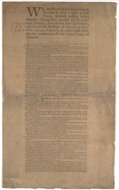 宪法，第一次印刷，由Dunlap＆Claypoole印刷，1787年9月17日至19日（见第2页的GLC 695934） 作者 美国学校