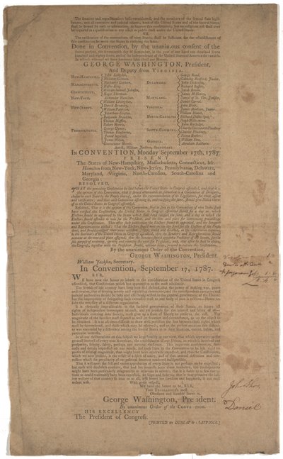 宪法，第一次印刷，由Dunlap＆Claypoole，1787年9月17日至19日印刷（另见GLC 695933，GLC 695934和GLC 695935） 作者 美国学校