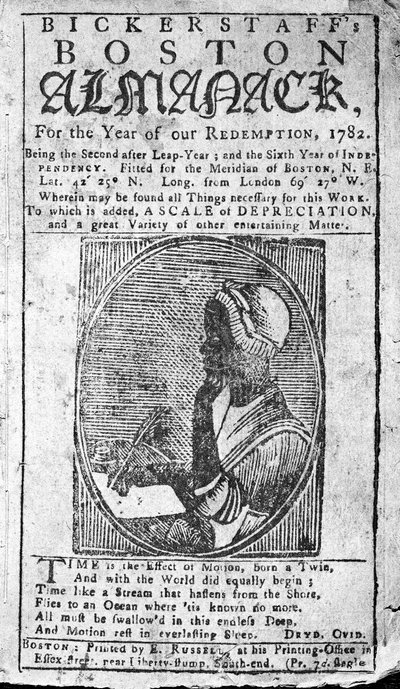 Bickerstaffs Boston Almanack的封面，刊登了1782年出版的Phillis Wheatley（1753-84）的肖像（印刷版） 作者 美国学校