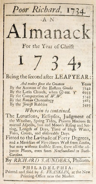 可怜的理查德的封面，一个Almanack，1734年（打印） 作者 美国学校