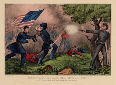 1861年10月21日，酒吧在Leesburg VA附近的Balls Bluff战役中死亡的Edward D. Baker上校。作者：Currier＆Ives，c.1861 作者 美国学校