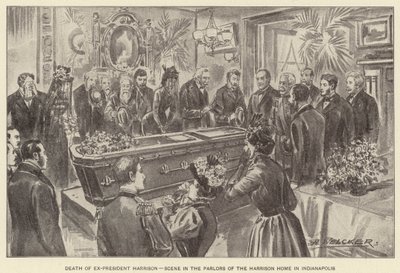 前总统哈里森逝世，印第安纳波利斯哈里森家客厅场景（石版画） 作者 美国学校