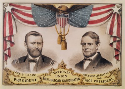 1868年美国总统选举的选举海报，描绘了1868年尤利西斯·S·格兰特和舒勒·科尔法克斯 作者 美国学校