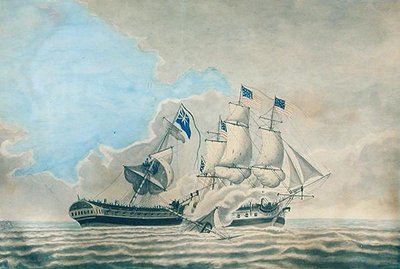 美国康斯坦丁号护卫舰与H.M.S. Guerriere号的交战（纸上水彩、水粉和墨）。 作者 美国学校