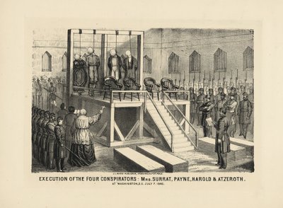 四个阴谋者的死刑：苏拉特夫人，佩恩，哈罗德和阿特里斯在1865年7月7日在华盛顿特区的酒吧。 1865年 作者 美国学校