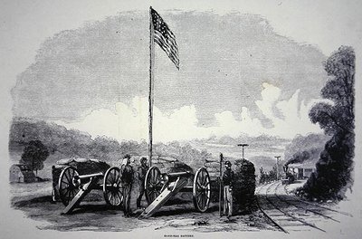 美国内战期间（1861-65年）保护铁路的联邦沙袋炮台（石印）。 作者 美国学校
