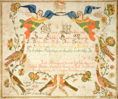 伊丽莎白-瓦赫特（1808-71 年）出生证和洗礼证的 Fraktur 1808（纸面水墨画） 作者 美国学校