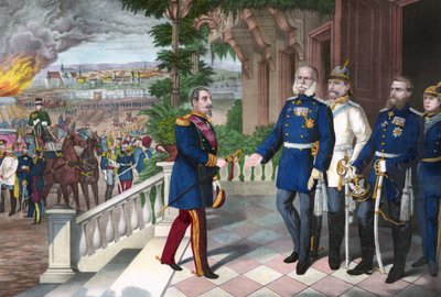 1870-1871年普法战争。拿破仑三世在色当战役后的投降，1870年9月2日。彩色线雕，美国，约1871年 - 1870年战争。拿破仑三世（1808-1873）在色当战役后的囚犯与普鲁士的威廉一世（1797-1871）会面。 作者 美国学校