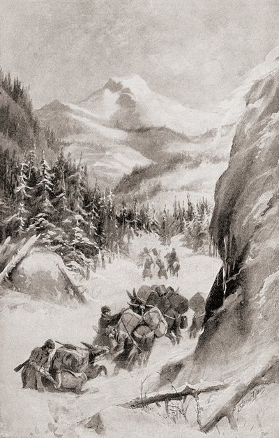 弗里蒙特在 1848 年第四次探险期间在北美落基山脉，摘自 1905 年出版的《我们国家的历史》（平版印刷） 作者 美国学校