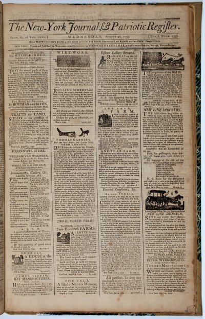 1793年8月21日，纽约期刊和爱国者登记册的头版 作者 美国学校