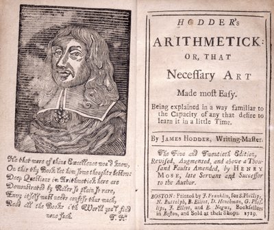 Hodders Arthimetick的主题和标题页，或者最简单的必要艺术，作者James Hodder，1719年 作者 美国学校