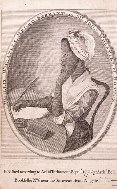 作者菲利斯·惠特利（Phillis Wheatley）的正面肖像，摘自“关于各种主题的诗，宗教和道德”一书 作者 美国学校