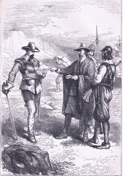 Gorton 的登陆（1646 年），插图来自卡塞尔的美国酒吧历史。 由 Petter & Galpin c.1890 (石版画) 作者 美国学校