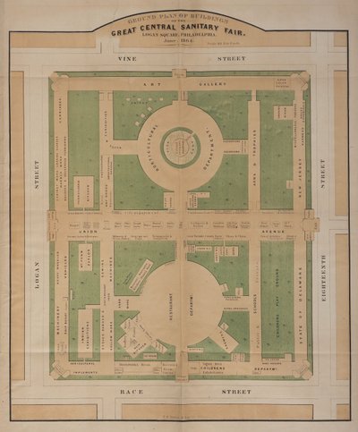 1864 年 6 月，洛根广场中央卫生大博览会建筑平面图（彩色石版画） 作者 美国学校