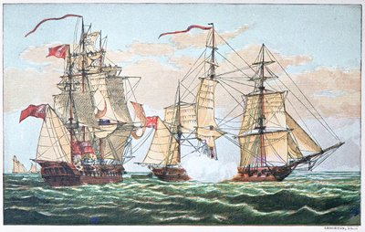 1812年战争期间，香农号对美国切萨皮克号，1813年（彩色平印）。 作者 美国学校