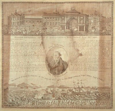 纪念拉法耶特将军（1757-1834）于1824年抵达的手帕（棉布）。 作者 美国学校