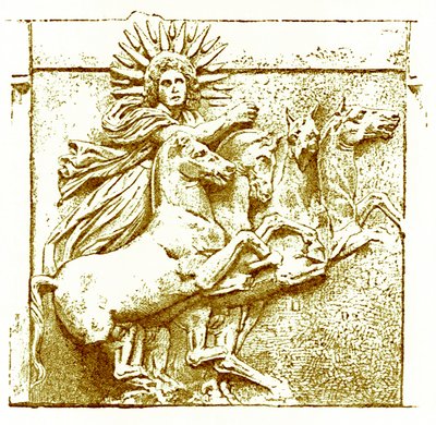 Helios在他的战车上，来自Victor Duruy的希腊历史插图，1890年出版（数字增强图像） 作者 美国学校