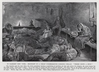 In Darkest New York, Midnight in a Cheap Underground Lodging Cellar, "three cents a spot" (litho) 作者 美国学校
