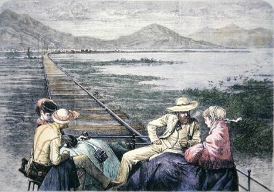 太平洋铁路上的检查车，约1870年（彩色版画）。 作者 美国学校