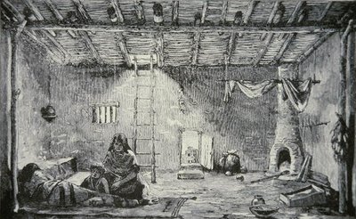 普埃布洛房子的内部，约1880年（雕刻）。 作者 美国学校
